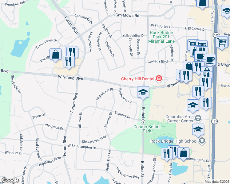 map of restaurants, bars, coffee shops, grocery stores, and more near 4000 Melrose Drive in Columbia
