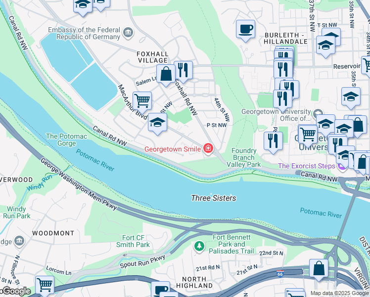 map of restaurants, bars, coffee shops, grocery stores, and more near 4538 Westhall Drive in Washington