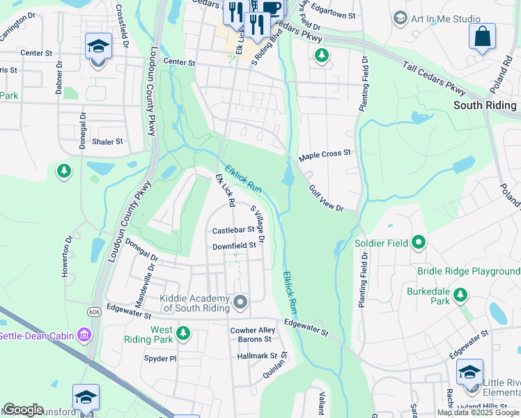 map of restaurants, bars, coffee shops, grocery stores, and more near 25694 South Village Drive in Chantilly