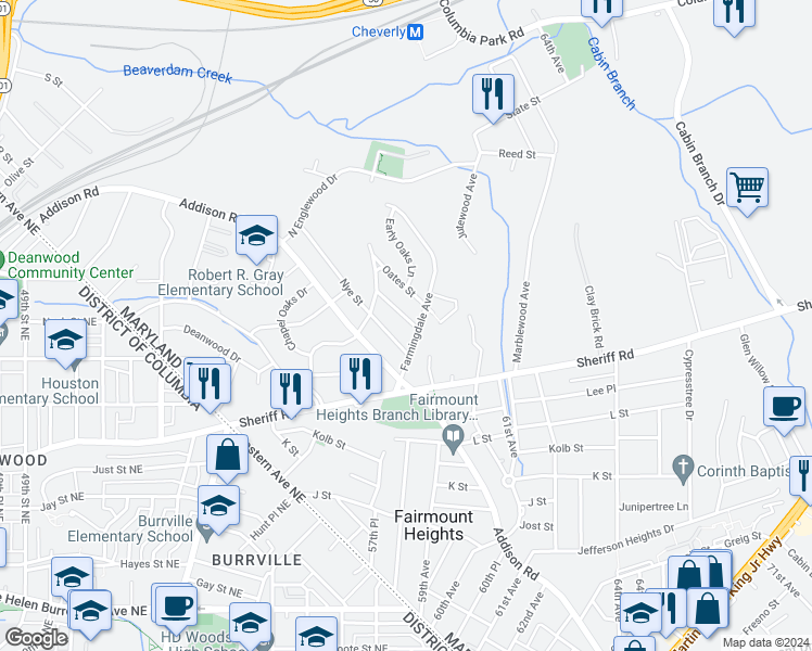 map of restaurants, bars, coffee shops, grocery stores, and more near 1302 Nome Street in Capitol Heights