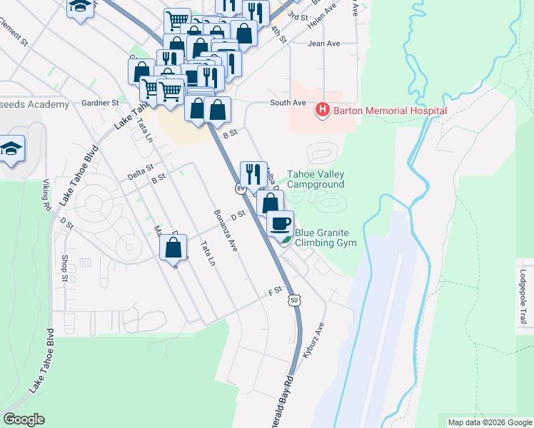 map of restaurants, bars, coffee shops, grocery stores, and more near 1207 Emerald Bay Road in South Lake Tahoe