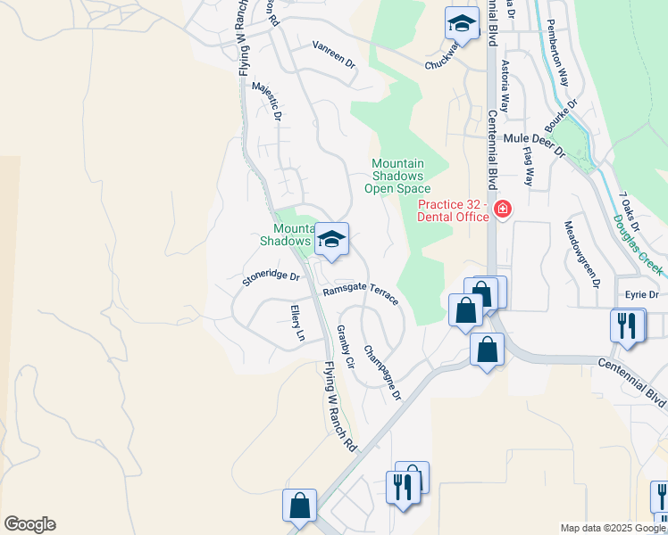 map of restaurants, bars, coffee shops, grocery stores, and more near 2340 Ramsgate Terrace in Colorado Springs
