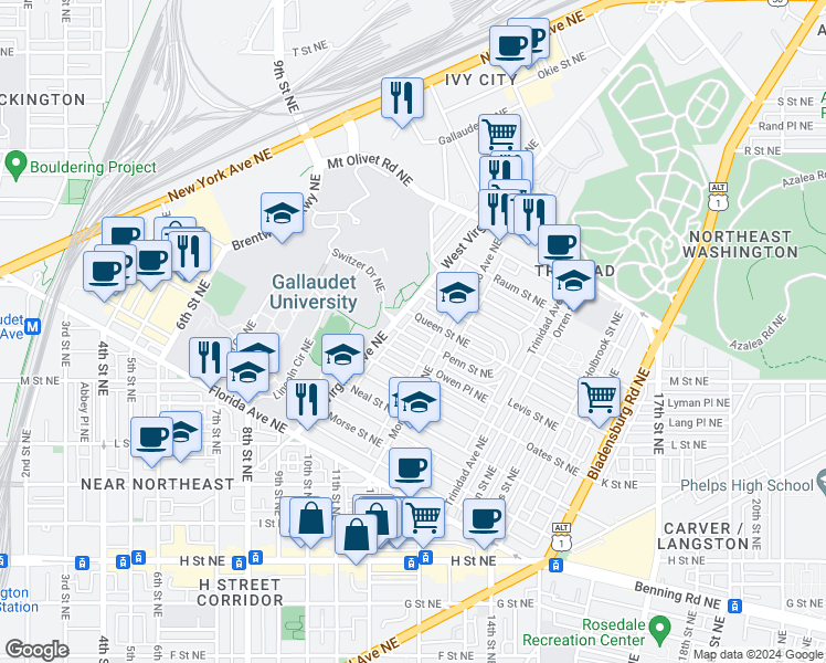 map of restaurants, bars, coffee shops, grocery stores, and more near 1116 Penn Street Northeast in Washington