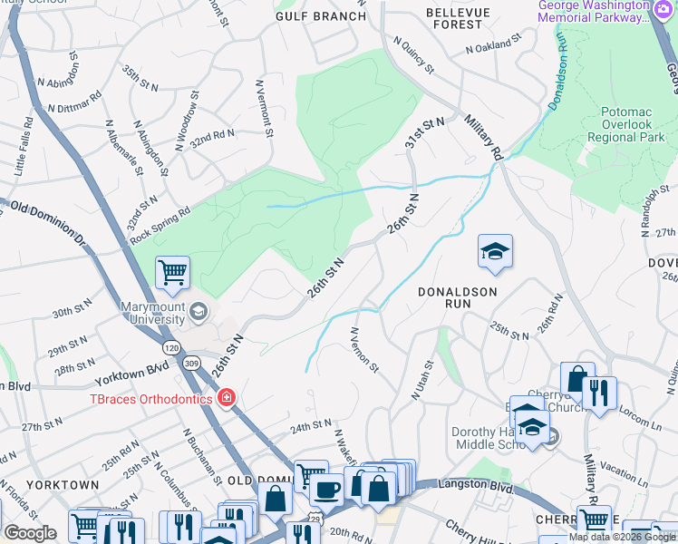 map of restaurants, bars, coffee shops, grocery stores, and more near 4536 26th Street North in Arlington
