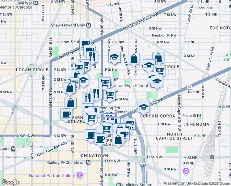 map of restaurants, bars, coffee shops, grocery stores, and more near 456 N Street Northwest in Washington