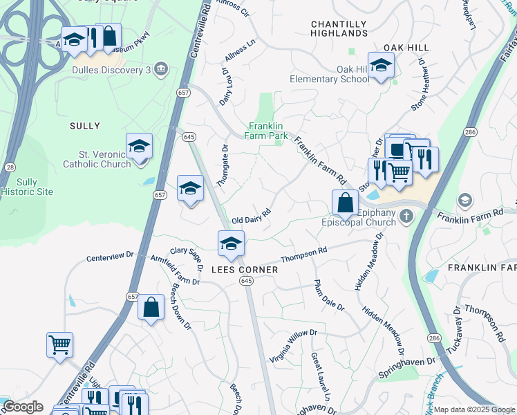 map of restaurants, bars, coffee shops, grocery stores, and more near 13612 Old Dairy Road in Herndon