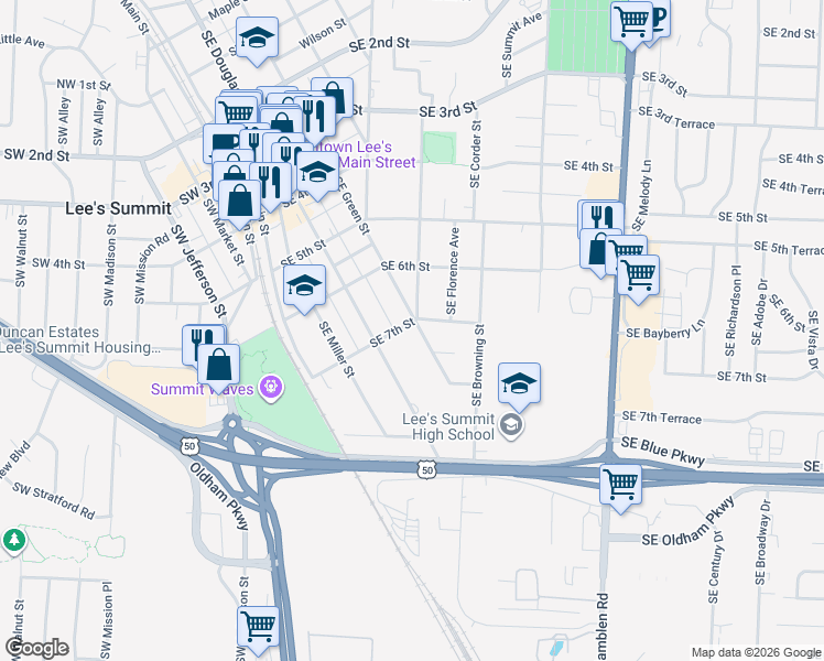 map of restaurants, bars, coffee shops, grocery stores, and more near 209 Southeast 7th Street in Lee's Summit