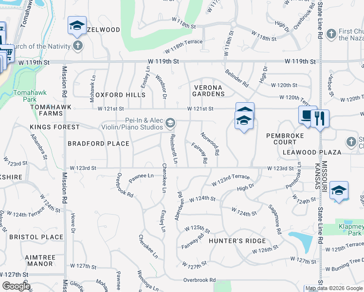 map of restaurants, bars, coffee shops, grocery stores, and more near 12204 Aberdeen Road in Leawood