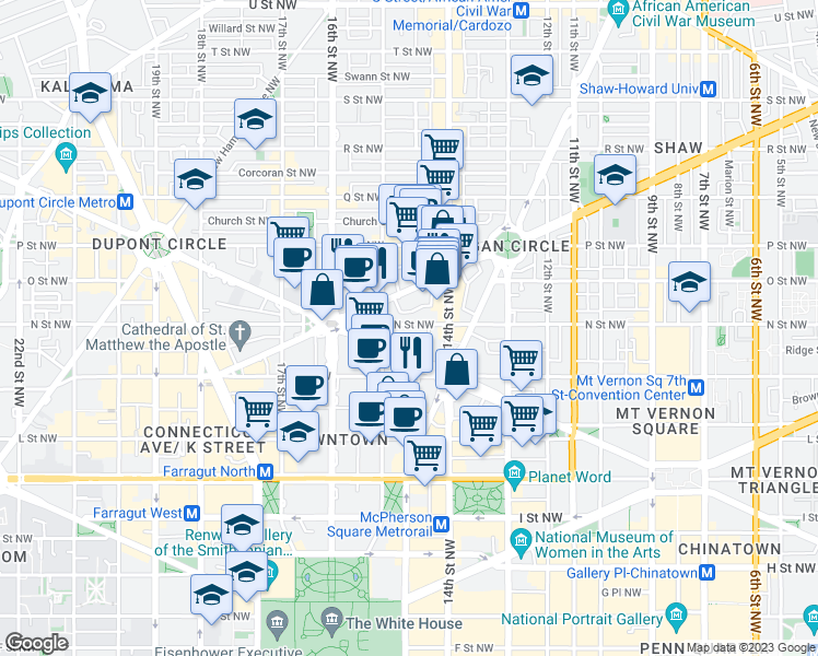 map of restaurants, bars, coffee shops, grocery stores, and more near 1440 N Street Northwest in Washington
