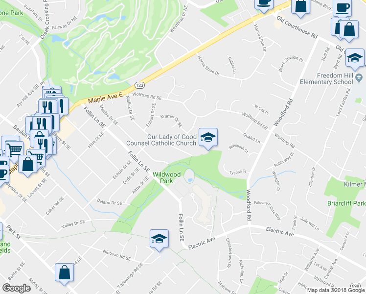 map of restaurants, bars, coffee shops, grocery stores, and more near 604 Niblick Drive Southeast in Vienna