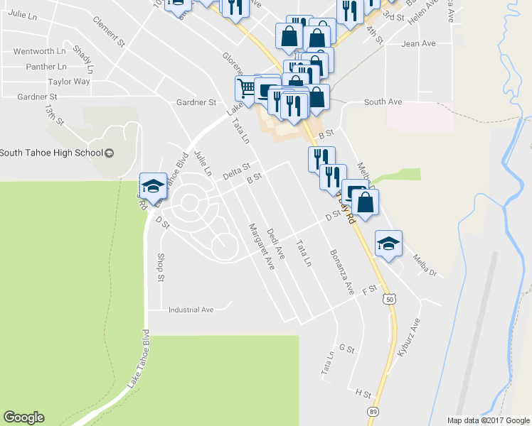 map of restaurants, bars, coffee shops, grocery stores, and more near 1141 Dedi Avenue in South Lake Tahoe
