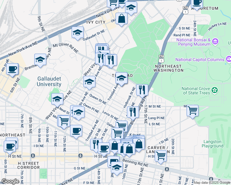 map of restaurants, bars, coffee shops, grocery stores, and more near 1645 Trinidad Avenue Northeast in Washington