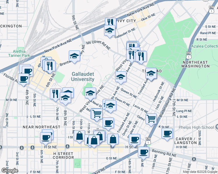 map of restaurants, bars, coffee shops, grocery stores, and more near 1116 Penn Street Northeast in Washington