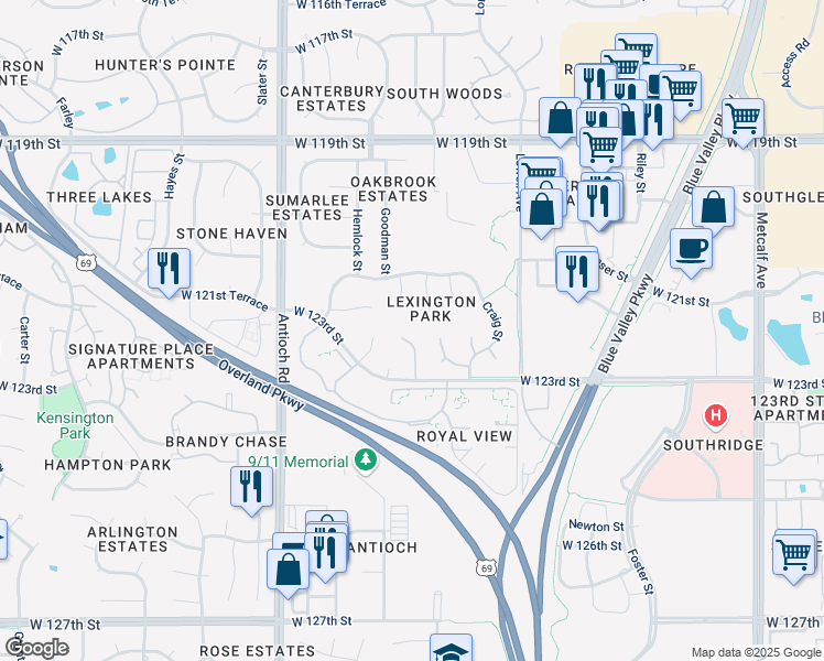 map of restaurants, bars, coffee shops, grocery stores, and more near 12213 Goodman Street in Overland Park