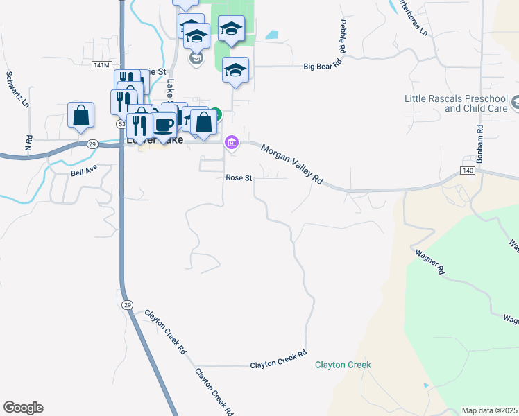 map of restaurants, bars, coffee shops, grocery stores, and more near 16569 Teklas Way in Lower Lake