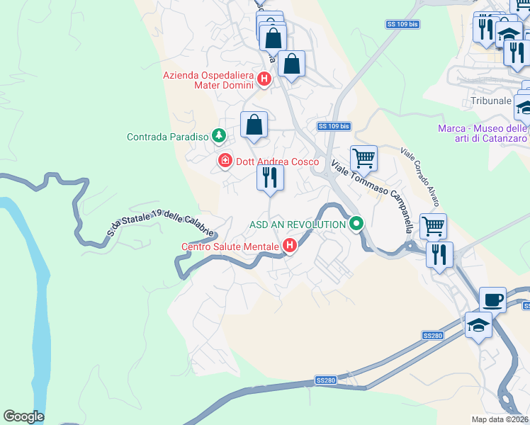 map of restaurants, bars, coffee shops, grocery stores, and more near 36 Viale Barlaam da Seminara in Catanzaro