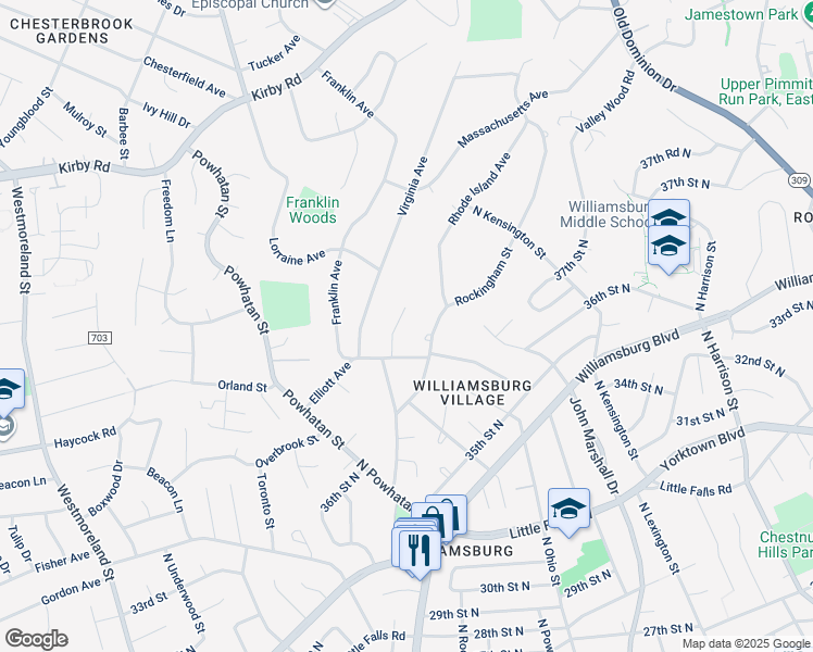 map of restaurants, bars, coffee shops, grocery stores, and more near 2085 Grace Manor Court in McLean