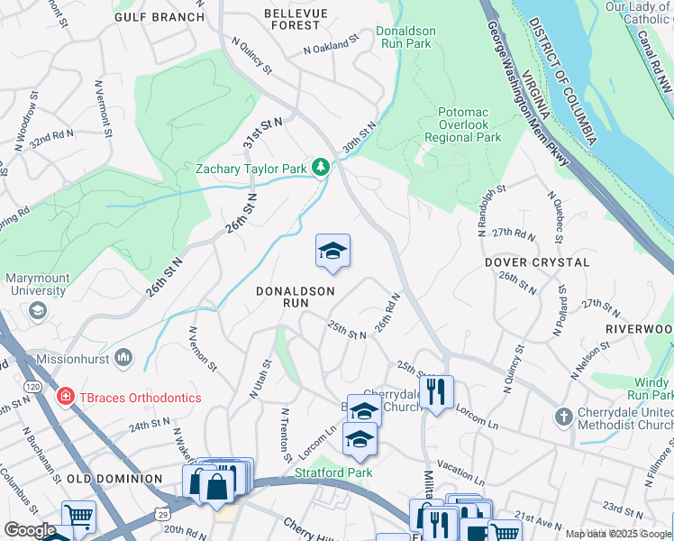 map of restaurants, bars, coffee shops, grocery stores, and more near 2600 North Stuart Street in Arlington
