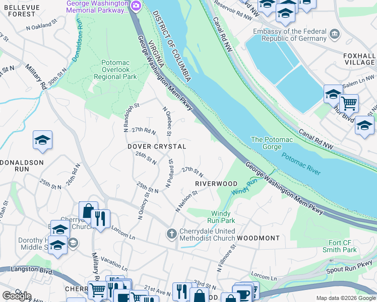 map of restaurants, bars, coffee shops, grocery stores, and more near 2723 North Oakland Street in Arlington