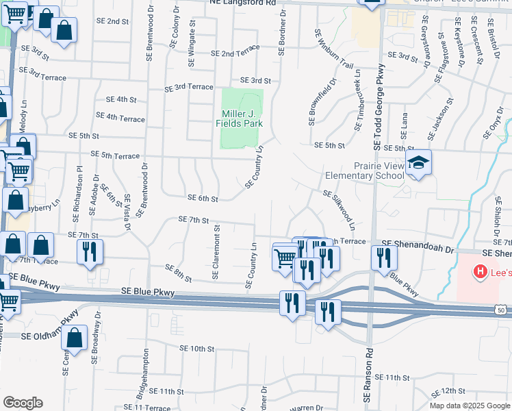 map of restaurants, bars, coffee shops, grocery stores, and more near 601 SE Country Ln in Lee's Summit