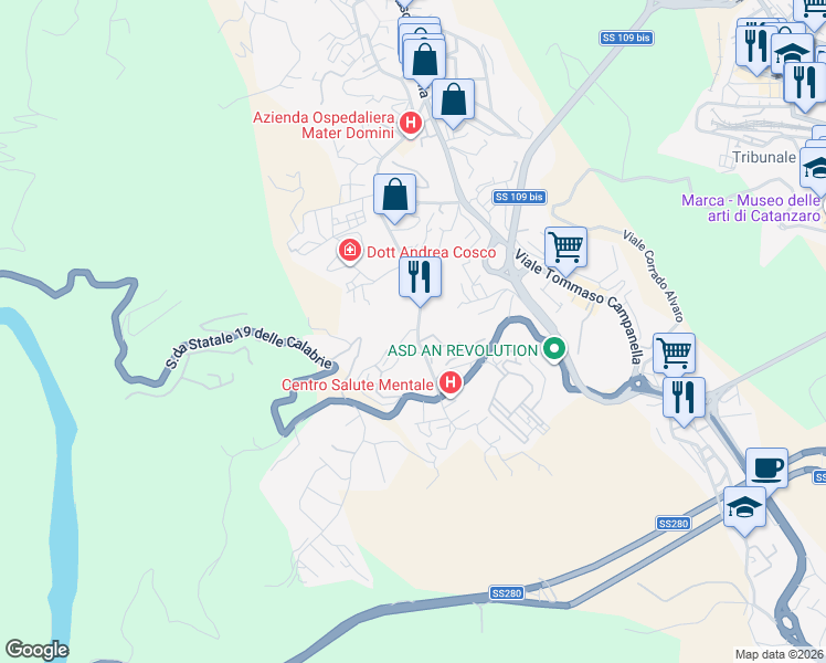 map of restaurants, bars, coffee shops, grocery stores, and more near 36 Viale Barlaam da Seminara in Catanzaro