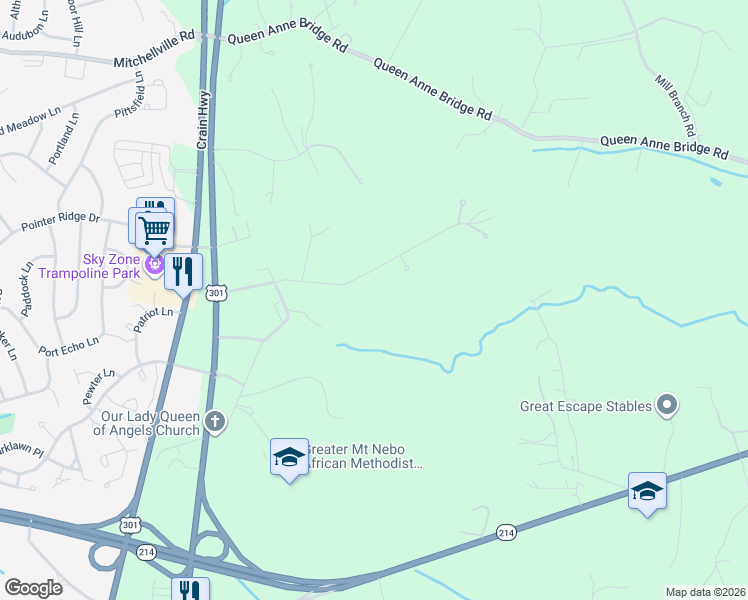 map of restaurants, bars, coffee shops, grocery stores, and more near 16815 Federal Hill Court in Bowie