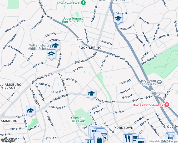 map of restaurants, bars, coffee shops, grocery stores, and more near 5101 Little Falls Court in Arlington