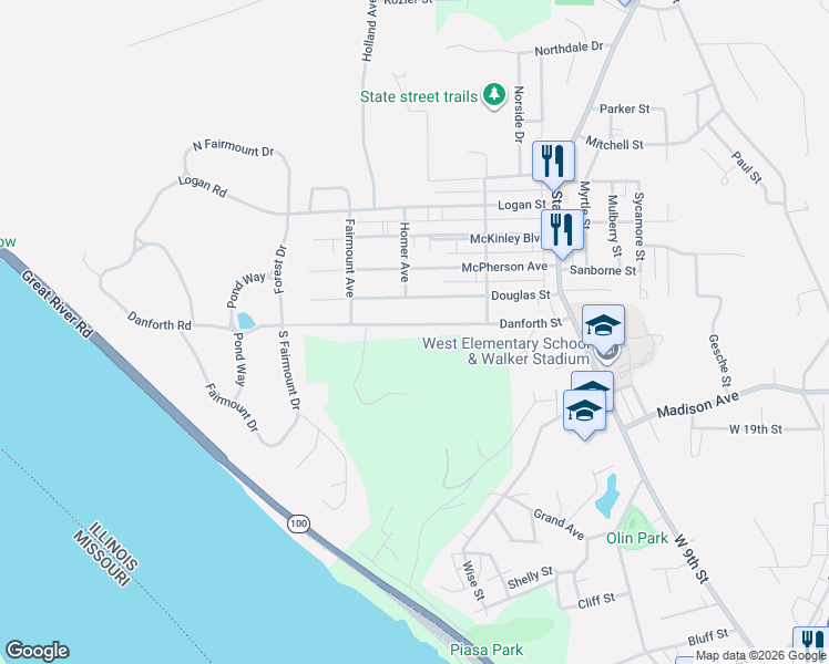 map of restaurants, bars, coffee shops, grocery stores, and more near 943 Danforth Street in Alton