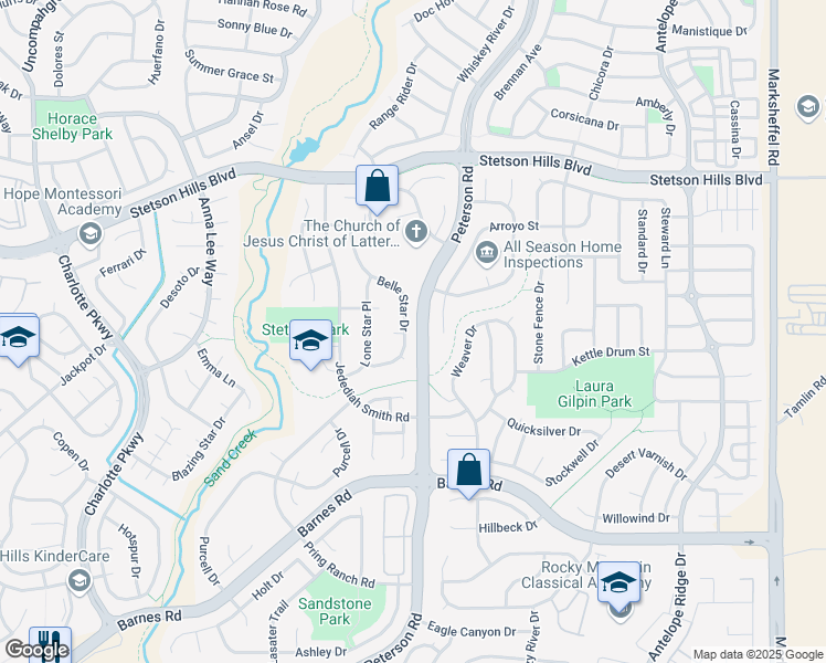 map of restaurants, bars, coffee shops, grocery stores, and more near 5195 Belle Star Drive in Colorado Springs