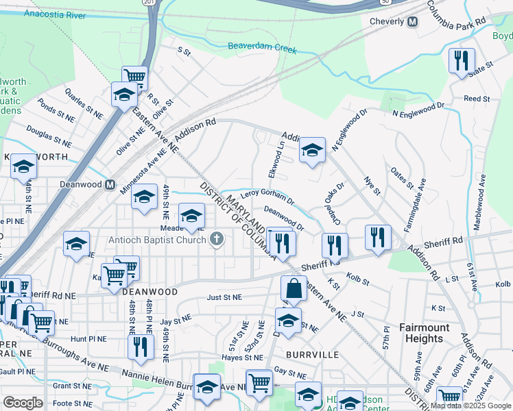 map of restaurants, bars, coffee shops, grocery stores, and more near 1211 Doewood Lane in Capitol Heights