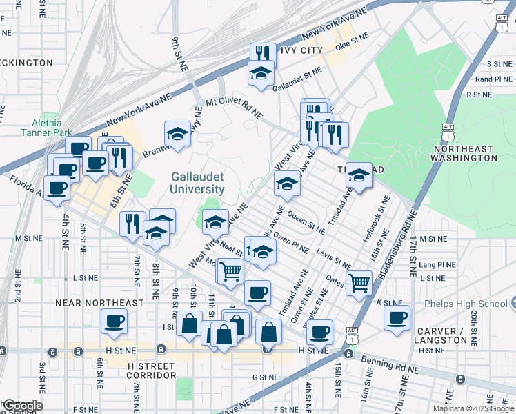 map of restaurants, bars, coffee shops, grocery stores, and more near 1114 Penn Street Northeast in Washington