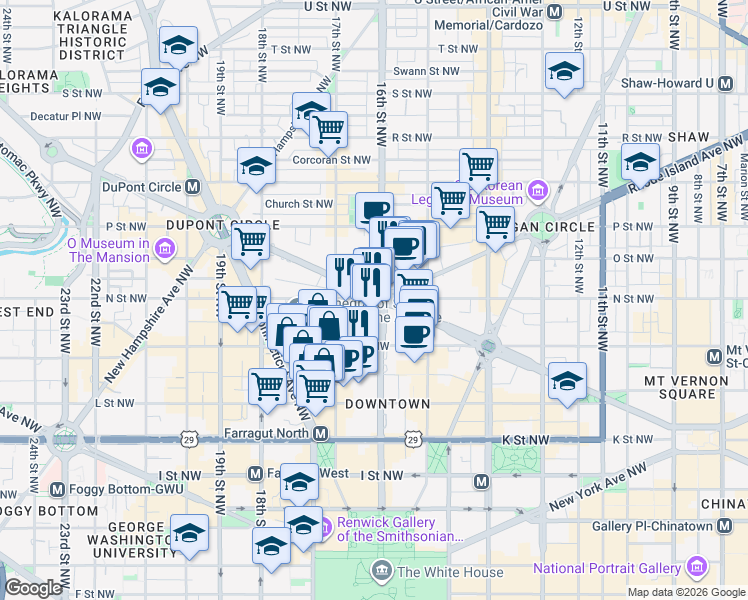 map of restaurants, bars, coffee shops, grocery stores, and more near in Washington