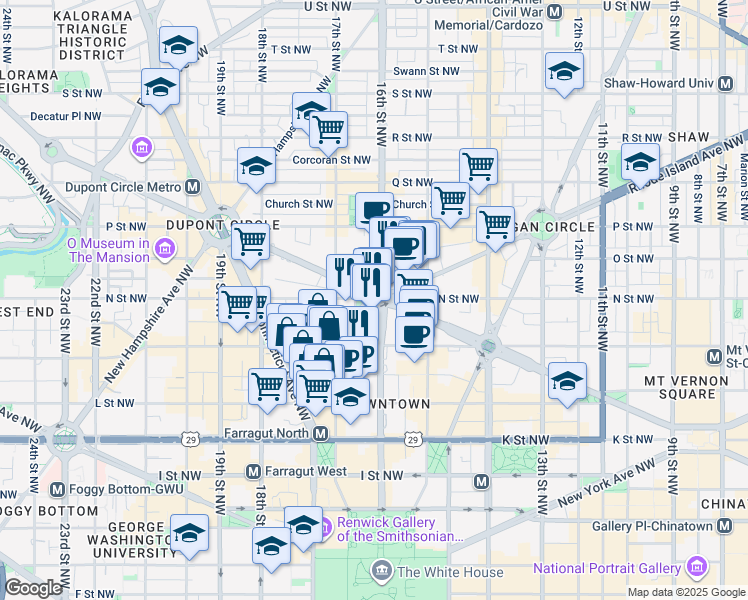 map of restaurants, bars, coffee shops, grocery stores, and more near 1600 E Street Northwest in Washington