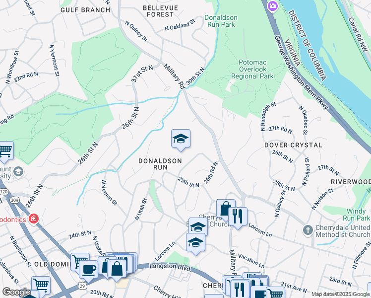 map of restaurants, bars, coffee shops, grocery stores, and more near 2600 North Stuart Street in Arlington