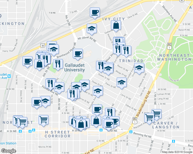 map of restaurants, bars, coffee shops, grocery stores, and more near 1112 Penn Street Northeast in Washington