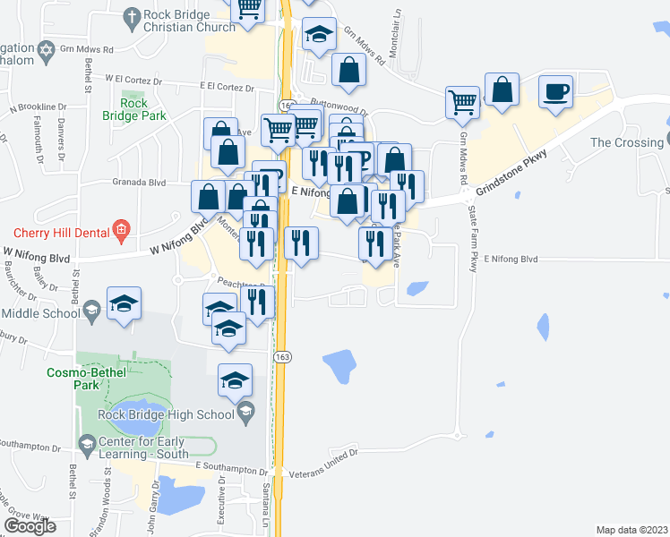 map of restaurants, bars, coffee shops, grocery stores, and more near 2106 Buttonwood Drive in Columbia