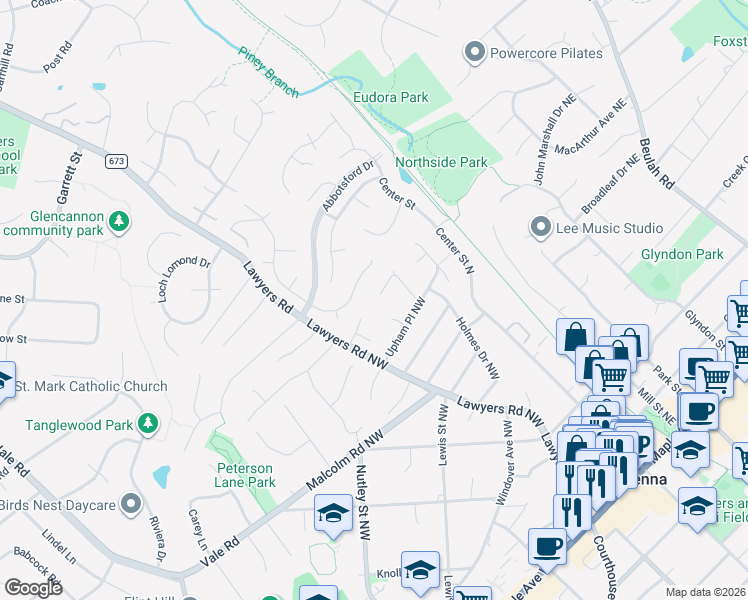 map of restaurants, bars, coffee shops, grocery stores, and more near 523 Heritage Lane Northwest in Vienna