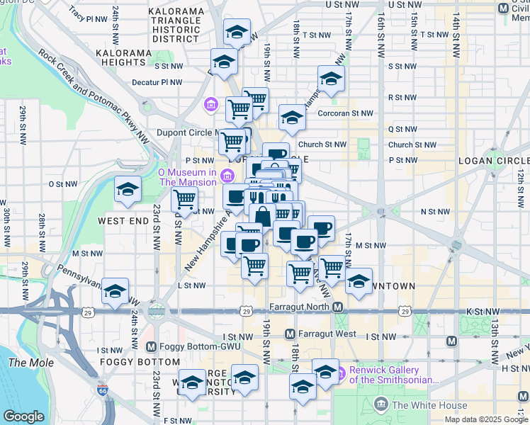 map of restaurants, bars, coffee shops, grocery stores, and more near 1900 N Street Northwest in Washington