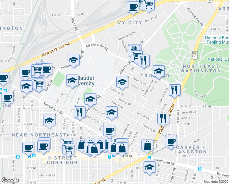 map of restaurants, bars, coffee shops, grocery stores, and more near 101 Independence Avenue Southeast in Washington
