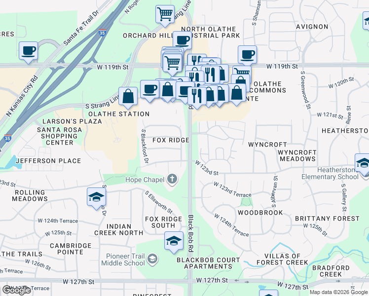 map of restaurants, bars, coffee shops, grocery stores, and more near 12213 South Foxridge Drive in Olathe