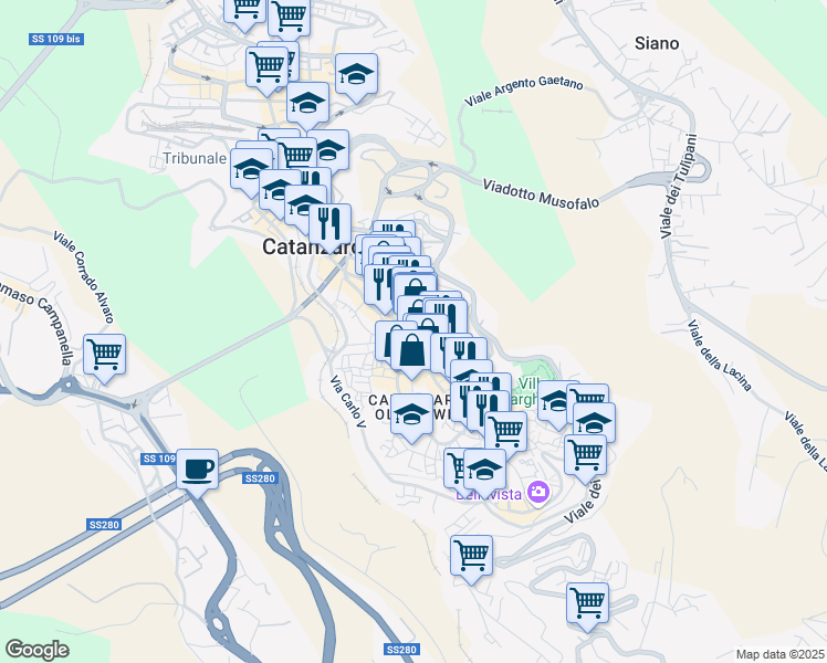 map of restaurants, bars, coffee shops, grocery stores, and more near 150 Corso G. Mazzini in Catanzaro