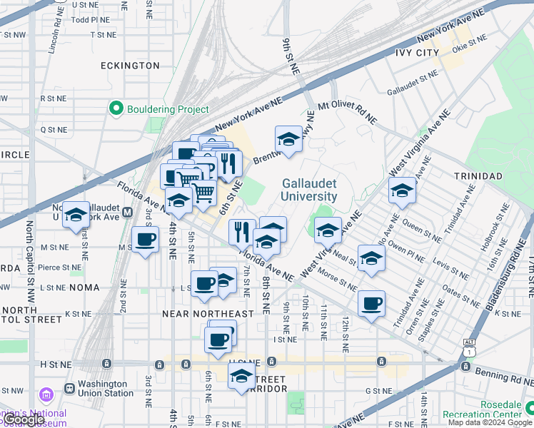 map of restaurants, bars, coffee shops, grocery stores, and more near Lincoln Circle Northeast in Washington