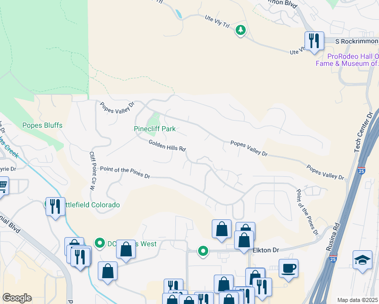 map of restaurants, bars, coffee shops, grocery stores, and more near 850 Golden Hills Road in Colorado Springs