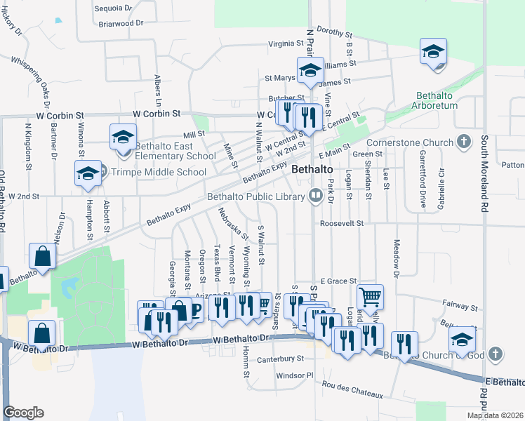 map of restaurants, bars, coffee shops, grocery stores, and more near 309 South Walnut Street in Bethalto
