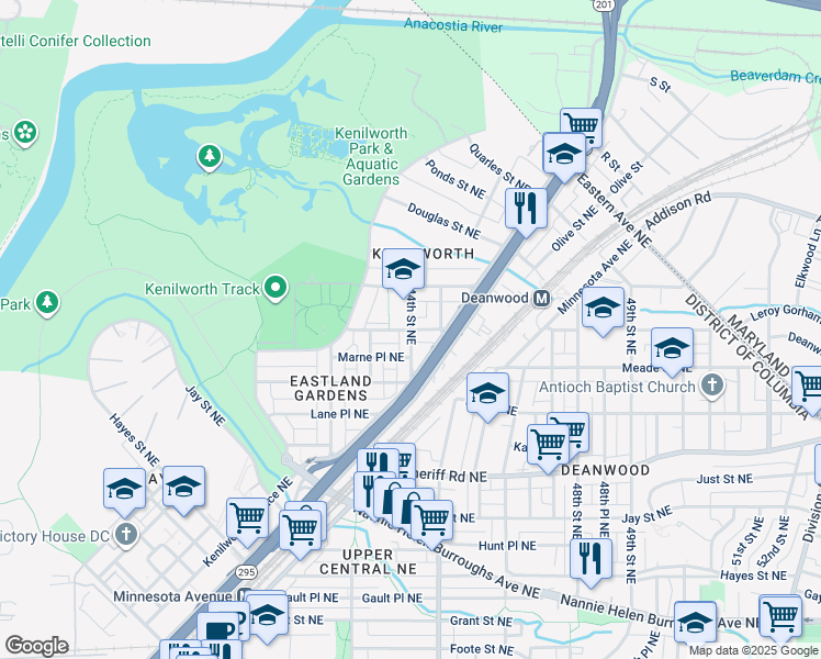 map of restaurants, bars, coffee shops, grocery stores, and more near 1300 44th Street Northeast in Washington