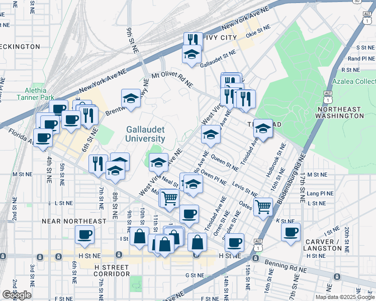 map of restaurants, bars, coffee shops, grocery stores, and more near 1112 Penn Street Northeast in Washington