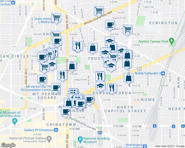 map of restaurants, bars, coffee shops, grocery stores, and more near N St NW & New Jersey Ave NW in Washington