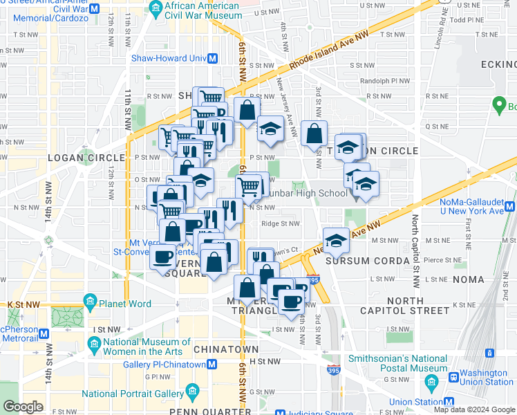 map of restaurants, bars, coffee shops, grocery stores, and more near N St NW & 5th St NW in Washington