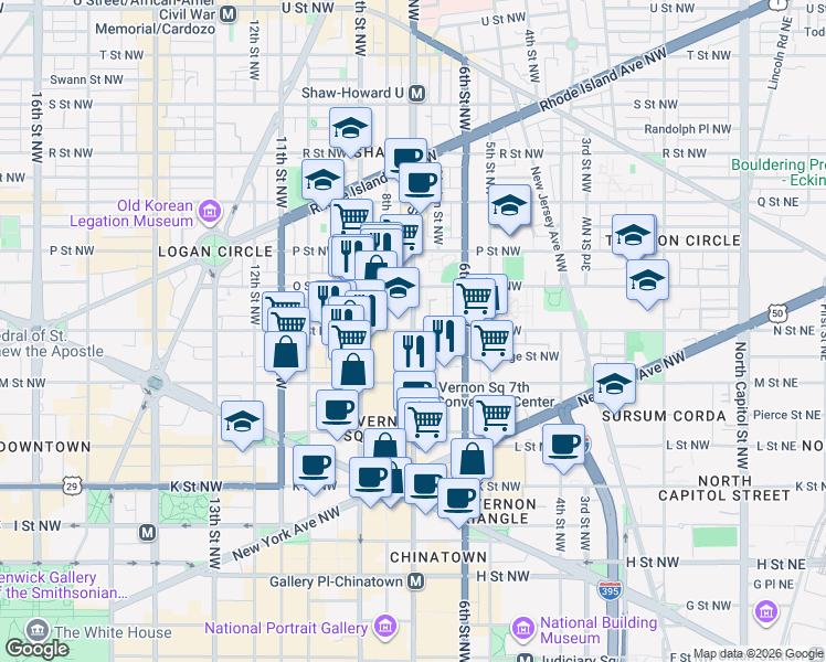 map of restaurants, bars, coffee shops, grocery stores, and more near 7th St NW & N St NW in Washington