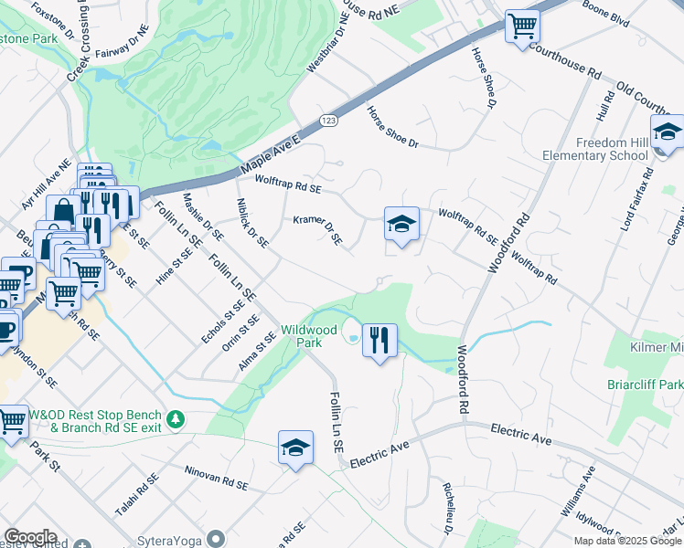 map of restaurants, bars, coffee shops, grocery stores, and more near 604 Niblick Drive Southeast in Vienna